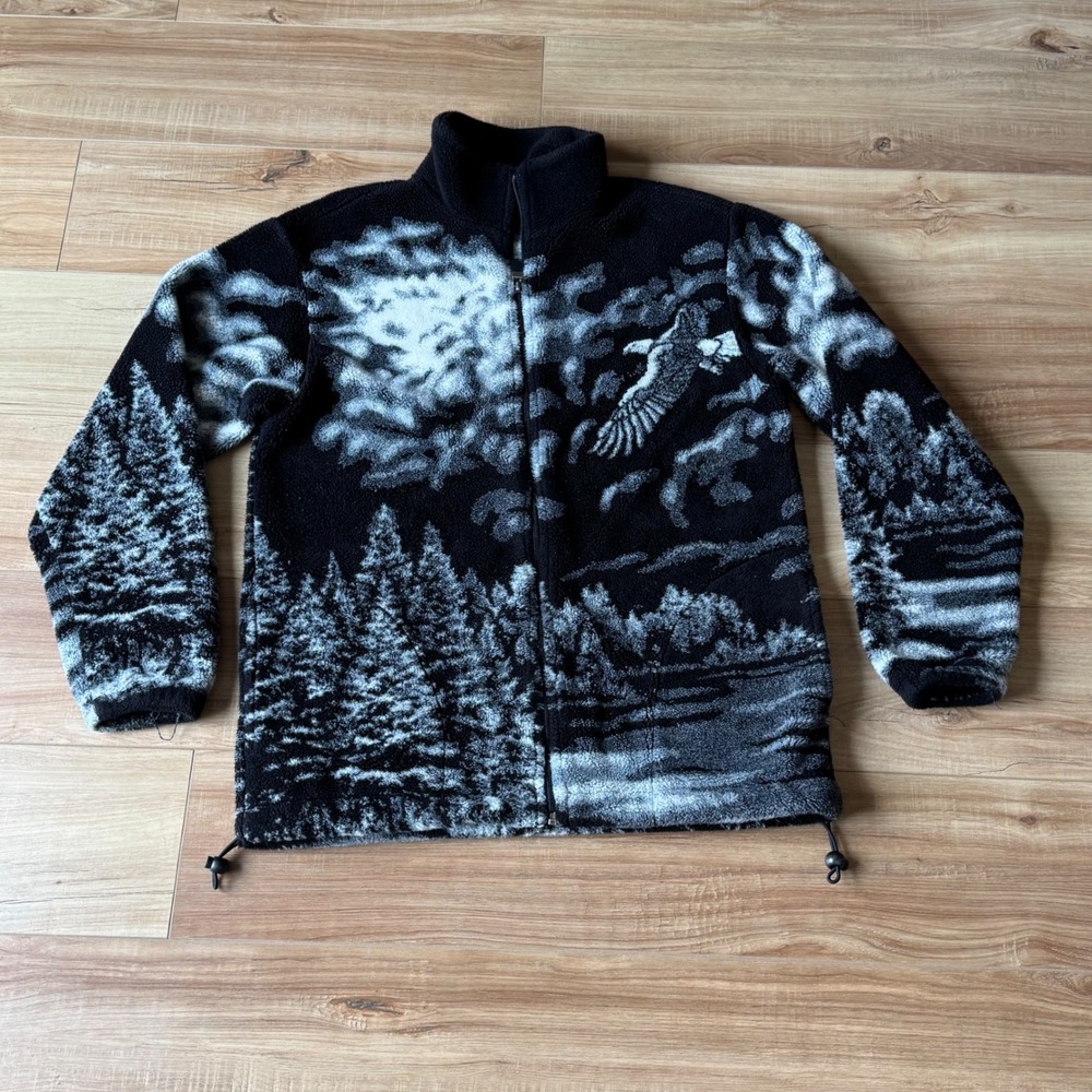 Art Unlimited Eagle Territory Fleece Jacket Mens Small Black White Nature USA